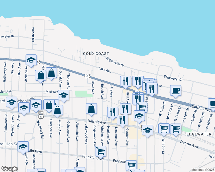 map of restaurants, bars, coffee shops, grocery stores, and more near in Lakewood
