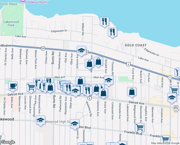 map of restaurants, bars, coffee shops, grocery stores, and more near 13406 Harlon Avenue in Lakewood
