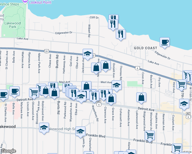 map of restaurants, bars, coffee shops, grocery stores, and more near 13406 Harlon Avenue in Lakewood