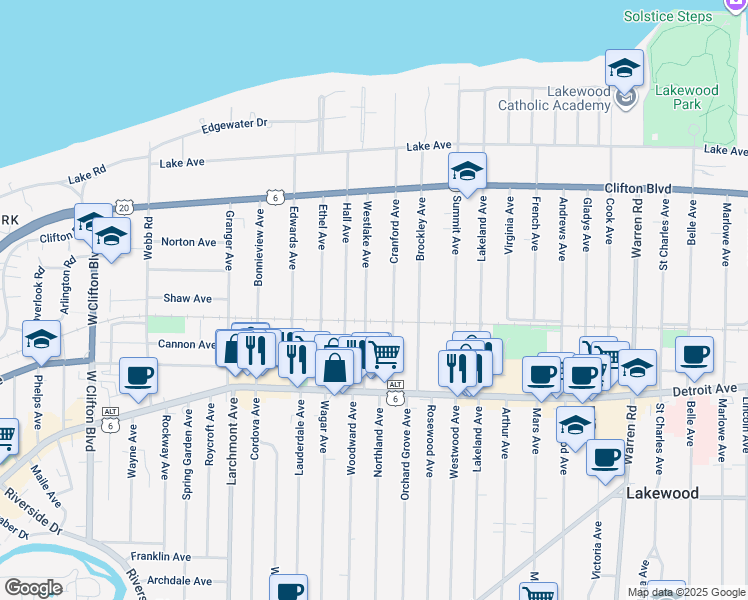 map of restaurants, bars, coffee shops, grocery stores, and more near 1280 Cranford Avenue in Lakewood