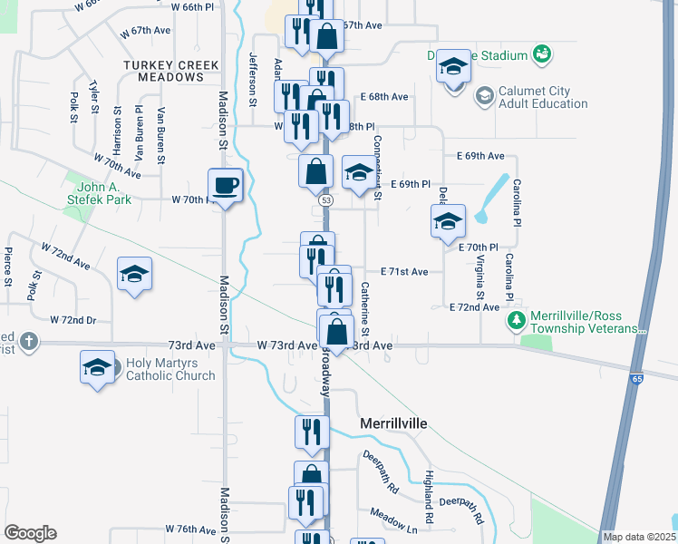 map of restaurants, bars, coffee shops, grocery stores, and more near 7091 Broadway in Merrillville