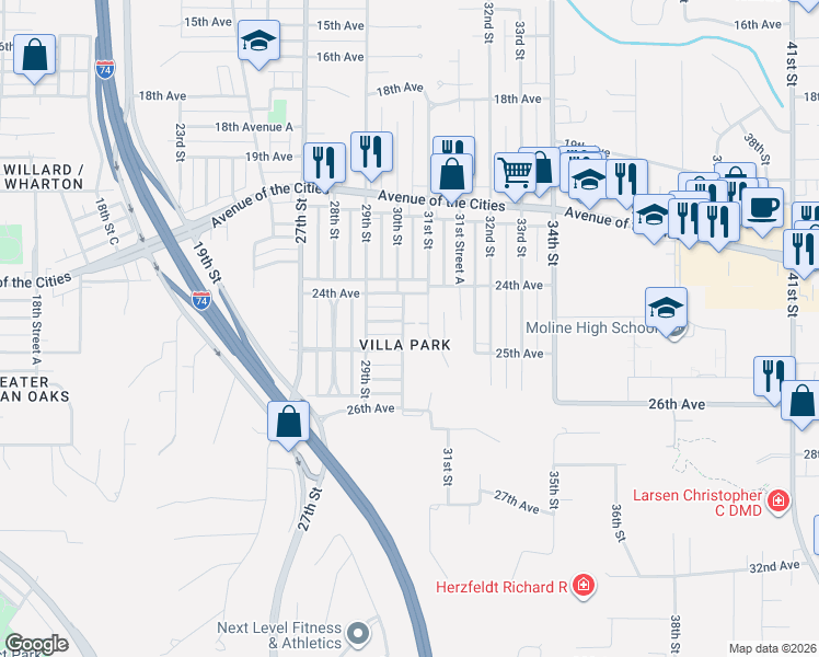 map of restaurants, bars, coffee shops, grocery stores, and more near 2418 30th Street in Moline