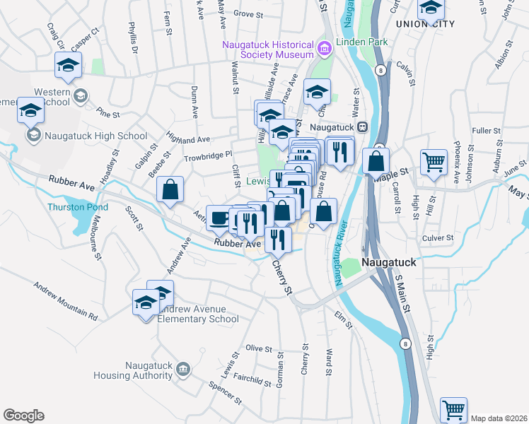 map of restaurants, bars, coffee shops, grocery stores, and more near 16 Fairview Avenue in Naugatuck