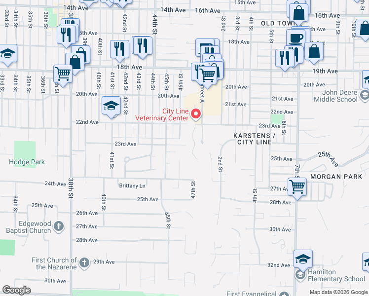 map of restaurants, bars, coffee shops, grocery stores, and more near 4521 23rd Avenue in Rock Island