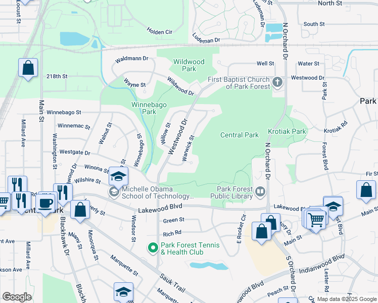 map of restaurants, bars, coffee shops, grocery stores, and more near 129 Warwick Street in Park Forest