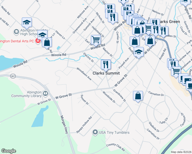 map of restaurants, bars, coffee shops, grocery stores, and more near 223 Midway Avenue in Clarks Summit