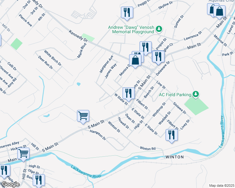map of restaurants, bars, coffee shops, grocery stores, and more near 1244 West State Street in Archbald