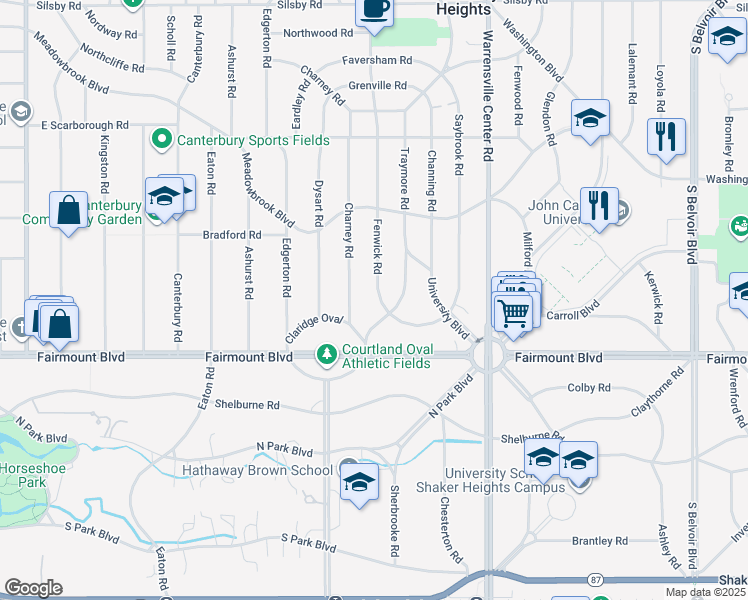 map of restaurants, bars, coffee shops, grocery stores, and more near 2608 Fenwick Road in University Heights