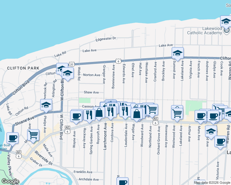 map of restaurants, bars, coffee shops, grocery stores, and more near 1286 Edwards Avenue in Lakewood