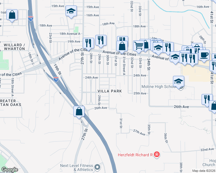 map of restaurants, bars, coffee shops, grocery stores, and more near 2934 24th Avenue A in Moline
