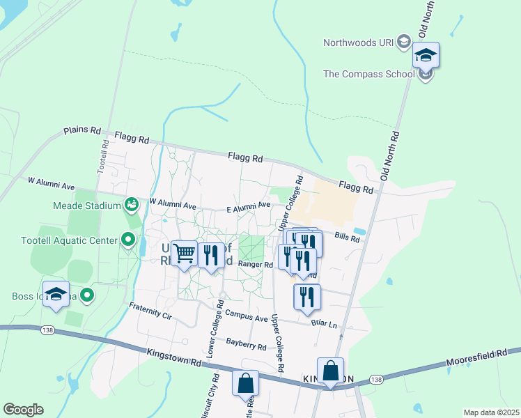 map of restaurants, bars, coffee shops, grocery stores, and more near 4 East Alumni Avenue in South Kingstown