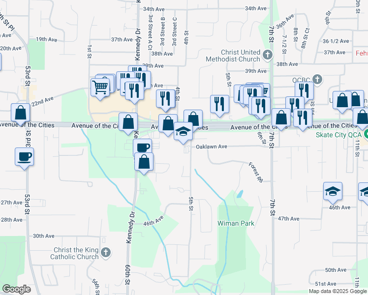 map of restaurants, bars, coffee shops, grocery stores, and more near 490 Avenue Of The Cities in East Moline