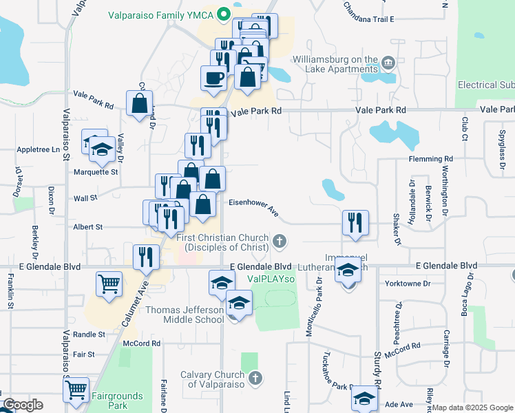 map of restaurants, bars, coffee shops, grocery stores, and more near 1302 Eisenhower Avenue in Valparaiso