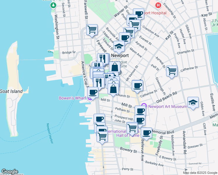 map of restaurants, bars, coffee shops, grocery stores, and more near 41 Mary Street in Newport