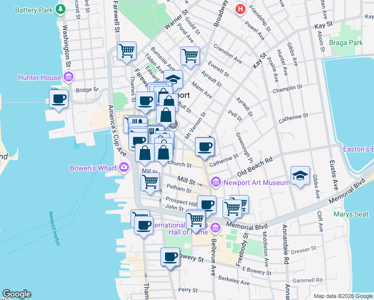map of restaurants, bars, coffee shops, grocery stores, and more near 99 Mary Street in Newport