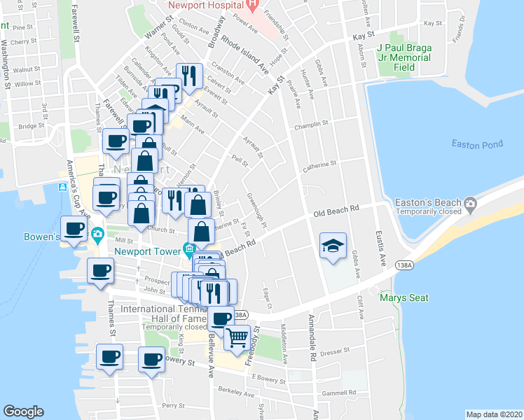 map of restaurants, bars, coffee shops, grocery stores, and more near 33 Catherine Street in Newport