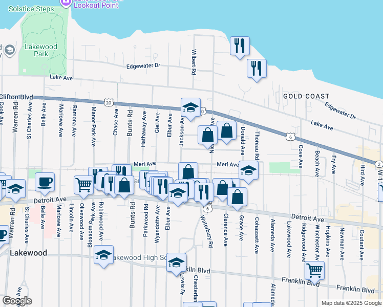 map of restaurants, bars, coffee shops, grocery stores, and more near 13443 Harlon Ave in Lakewood