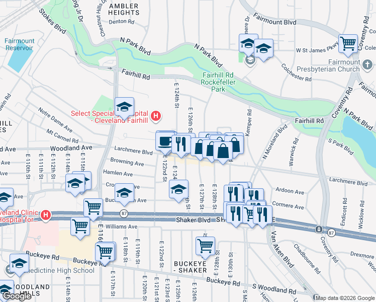 map of restaurants, bars, coffee shops, grocery stores, and more near 12506 Mount Overlook Avenue in Cleveland