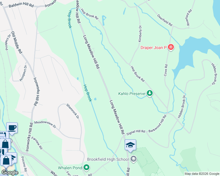 map of restaurants, bars, coffee shops, grocery stores, and more near 85 Long Meadow Hill Road in Brookfield