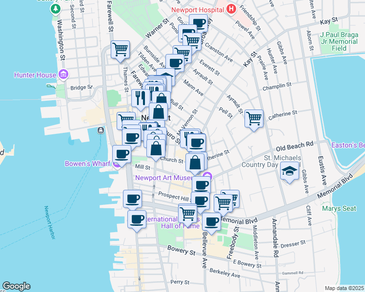 map of restaurants, bars, coffee shops, grocery stores, and more near 99 Mary Street in Newport