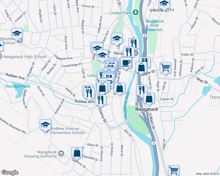 map of restaurants, bars, coffee shops, grocery stores, and more near 87 Church Street in Naugatuck