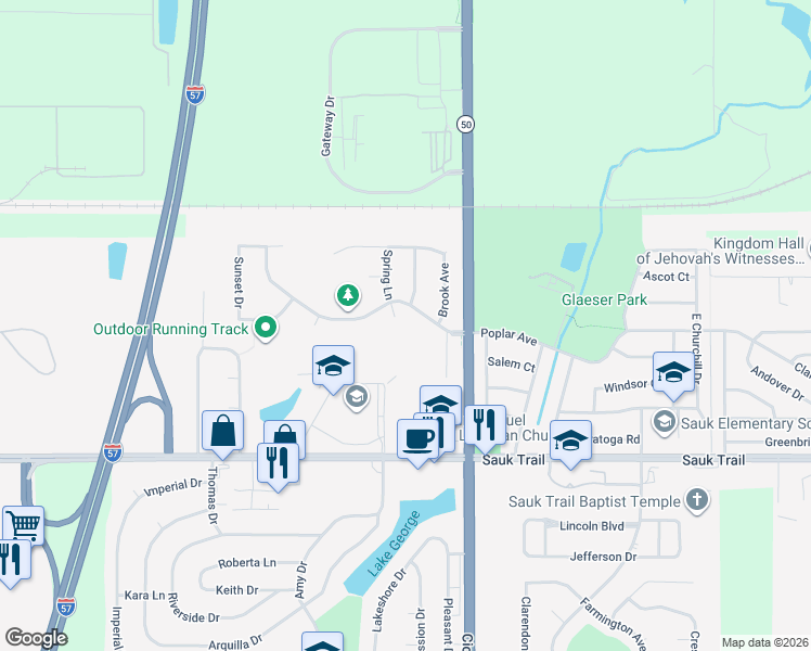 map of restaurants, bars, coffee shops, grocery stores, and more near 4863 Meadow Lake Court in Richton Park