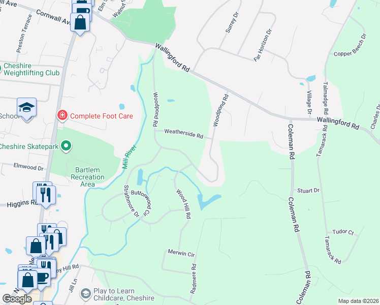 map of restaurants, bars, coffee shops, grocery stores, and more near 368 Woodpond Road in Cheshire