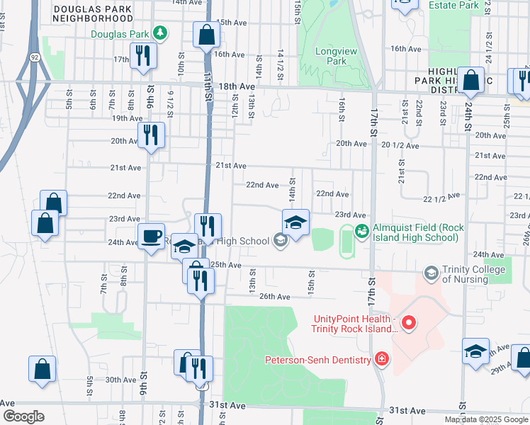 map of restaurants, bars, coffee shops, grocery stores, and more near 1314 23rd Ave in Rock Island