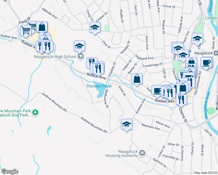 map of restaurants, bars, coffee shops, grocery stores, and more near 7 Melbourne Street in Naugatuck