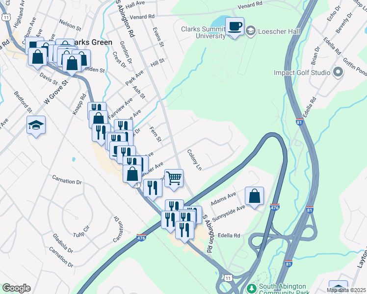 map of restaurants, bars, coffee shops, grocery stores, and more near 201 Sumner Avenue in Lackawanna County