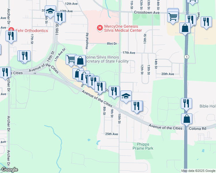 map of restaurants, bars, coffee shops, grocery stores, and more near 885 22nd Avenue in Silvis