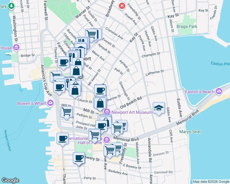 map of restaurants, bars, coffee shops, grocery stores, and more near 23 Tompkins Court in Newport