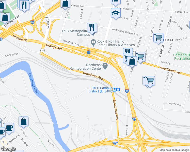 map of restaurants, bars, coffee shops, grocery stores, and more near 2000 Broadway Ave in Cleveland