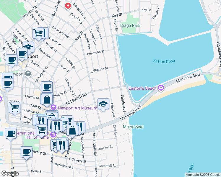 map of restaurants, bars, coffee shops, grocery stores, and more near 360 Gibbs Avenue in Newport