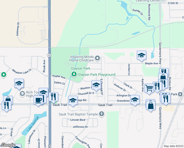 map of restaurants, bars, coffee shops, grocery stores, and more near 4458 Poplar Avenue in Richton Park