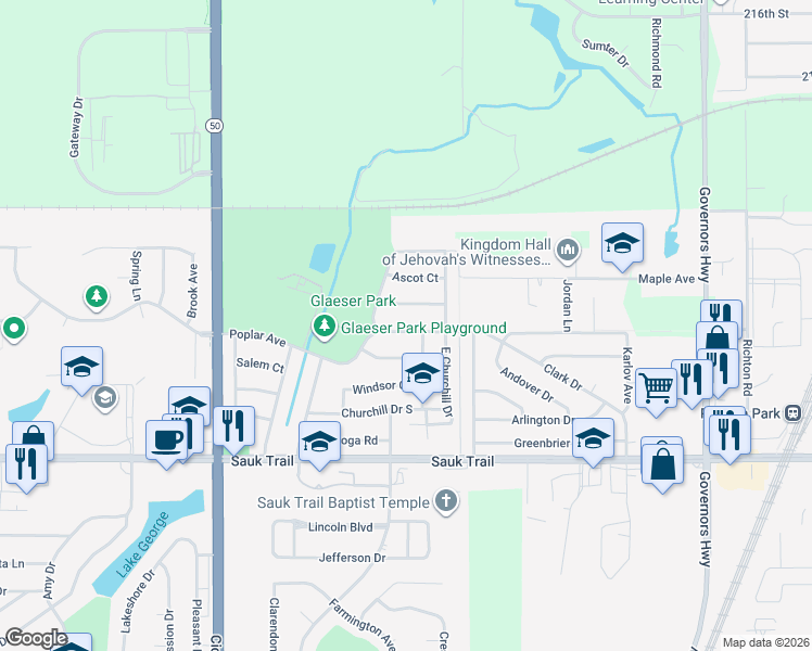 map of restaurants, bars, coffee shops, grocery stores, and more near 4453 Camden Court in Richton Park