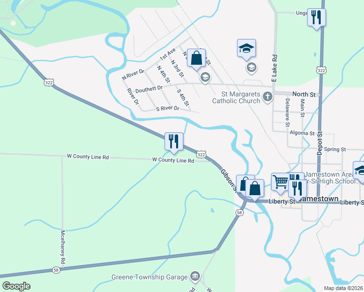 map of restaurants, bars, coffee shops, grocery stores, and more near 2376 Williamsfield Road in Jamestown