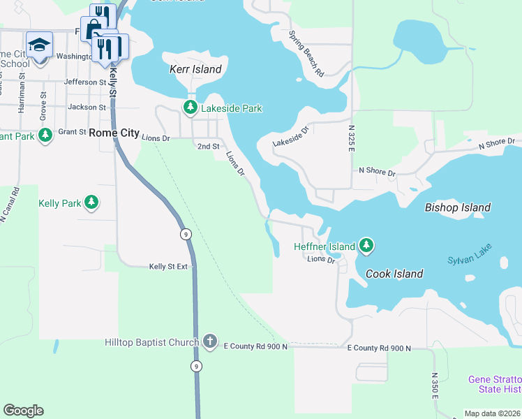 map of restaurants, bars, coffee shops, grocery stores, and more near 615 Lions Drive in Rome City
