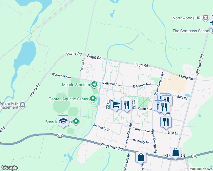 map of restaurants, bars, coffee shops, grocery stores, and more near 40 West Alumni Avenue in South Kingstown
