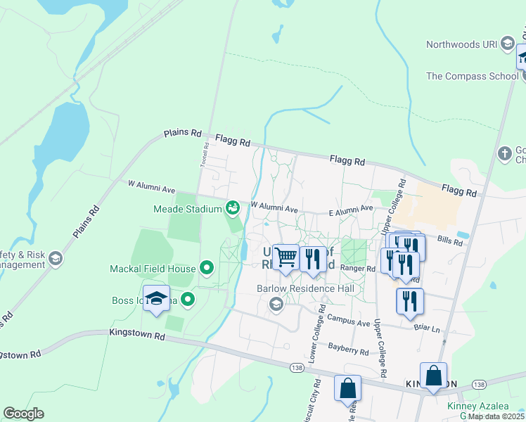 map of restaurants, bars, coffee shops, grocery stores, and more near 40 West Alumni Avenue in South Kingstown