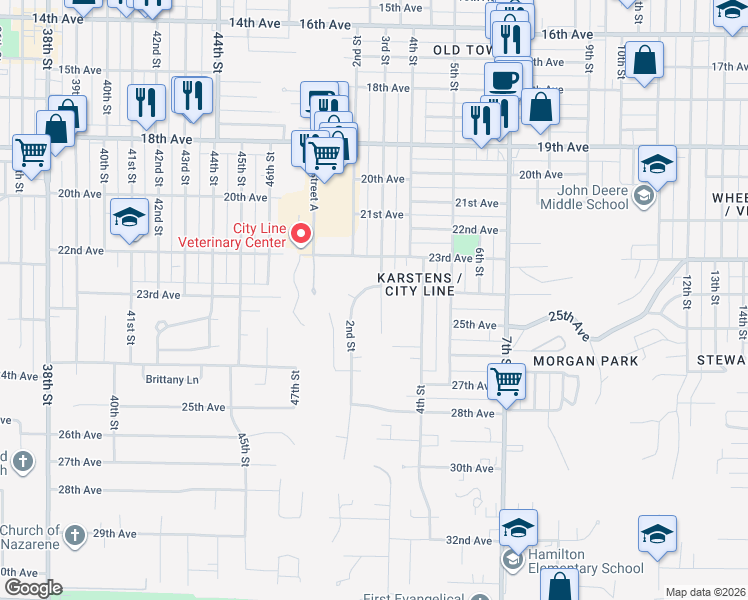 map of restaurants, bars, coffee shops, grocery stores, and more near 2408 2nd Street in Moline