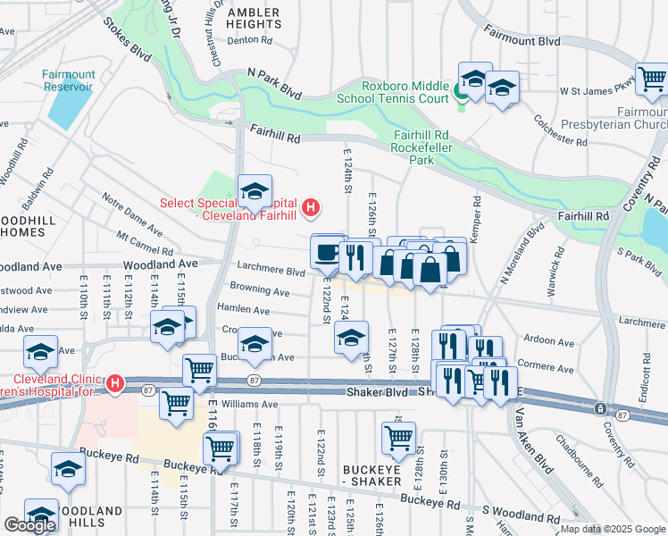 map of restaurants, bars, coffee shops, grocery stores, and more near 12206 Larchmere Boulevard in Cleveland