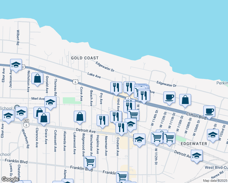 map of restaurants, bars, coffee shops, grocery stores, and more near 11828 Clifton Boulevard in Lakewood
