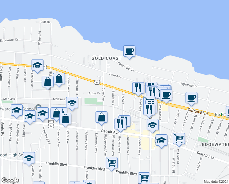 map of restaurants, bars, coffee shops, grocery stores, and more near 12099 GAR Highway in Lakewood