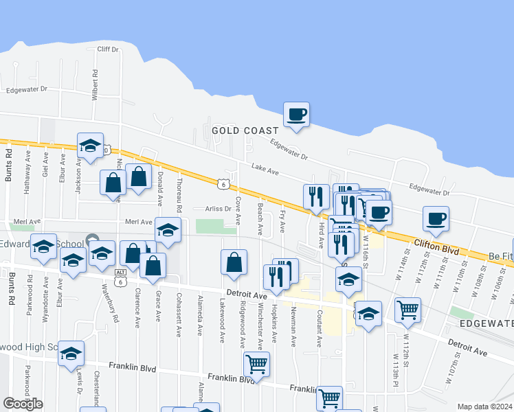 map of restaurants, bars, coffee shops, grocery stores, and more near 12099 GAR Highway in Lakewood