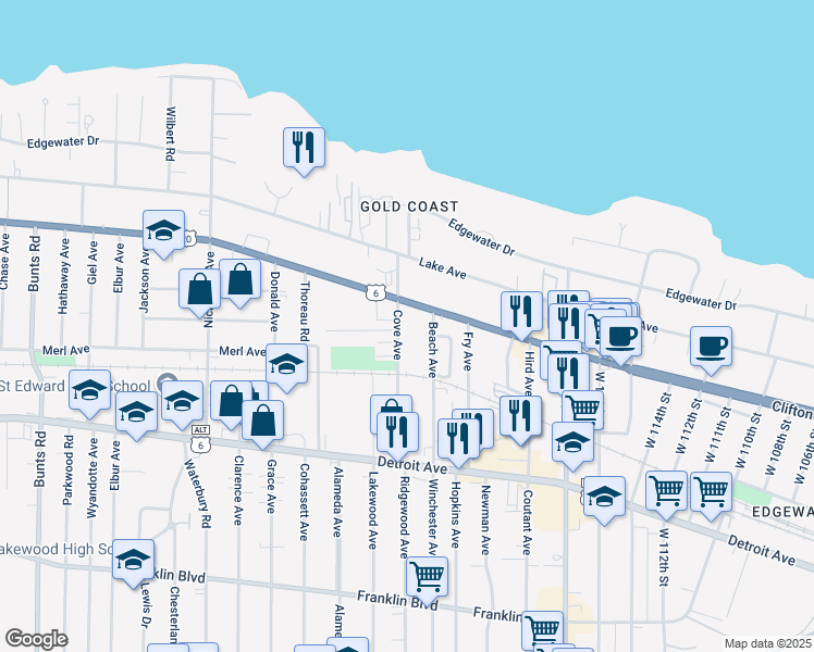 map of restaurants, bars, coffee shops, grocery stores, and more near 12511 Clifton Boulevard in Lakewood