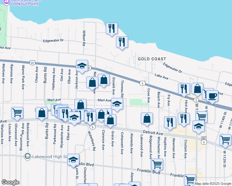 map of restaurants, bars, coffee shops, grocery stores, and more near 1273 Donald Avenue in Lakewood