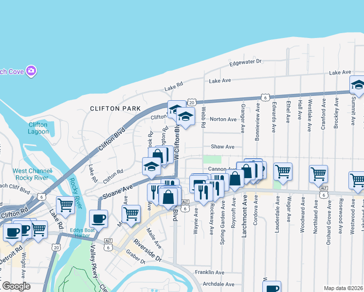 map of restaurants, bars, coffee shops, grocery stores, and more near 1251 West Clifton Boulevard in Lakewood