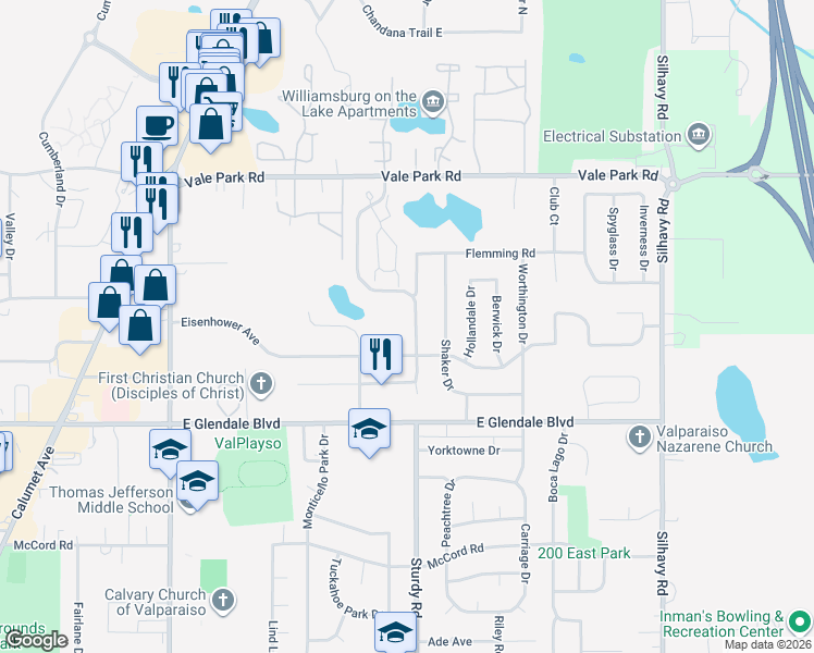 map of restaurants, bars, coffee shops, grocery stores, and more near 2207 Sturdy Road in Valparaiso
