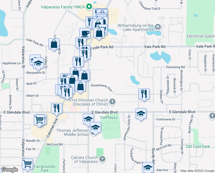 map of restaurants, bars, coffee shops, grocery stores, and more near 1403 Eisenhower Avenue in Valparaiso